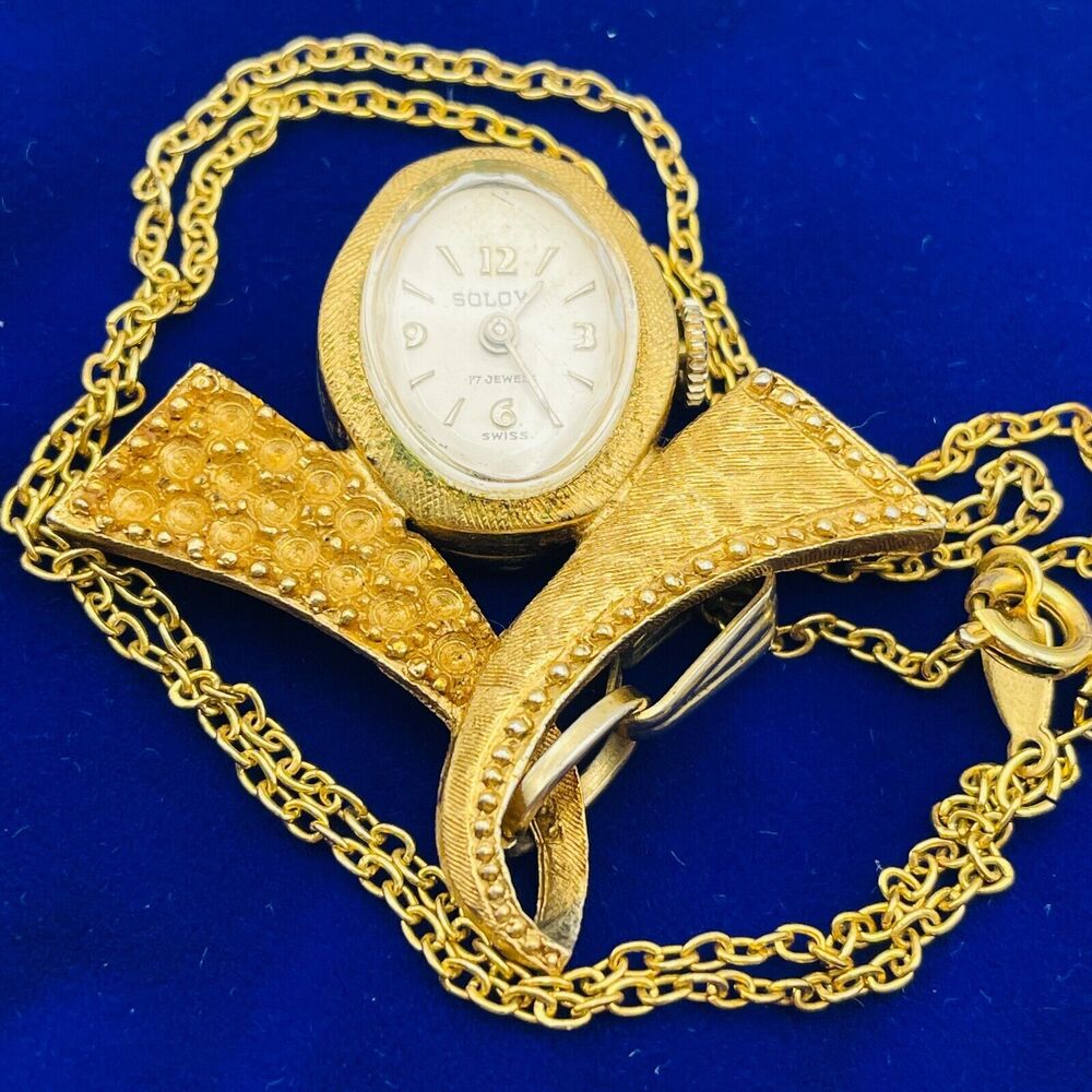 Solow 17 Jewels Swiss Pendant Mechanical Watch 16" Gold Tone Necklace Working